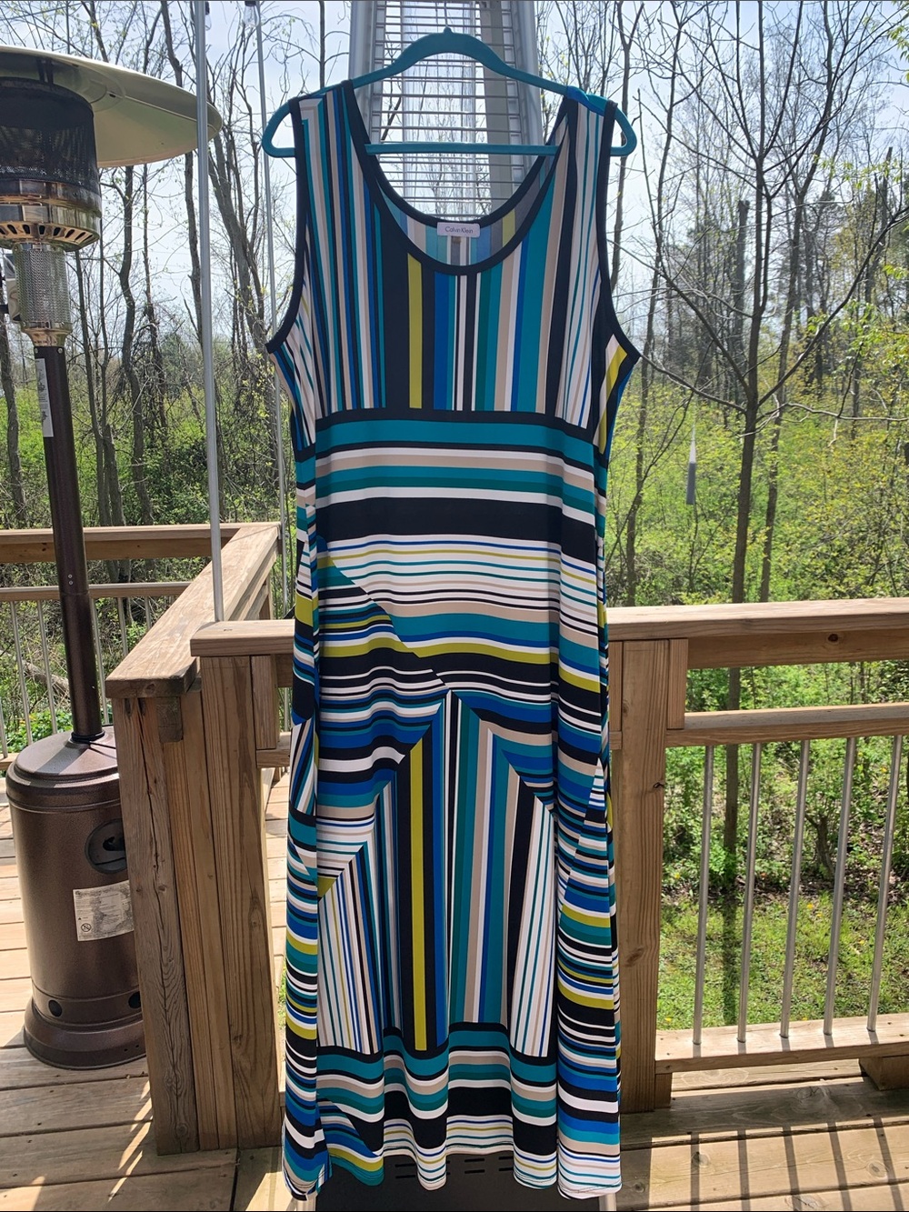 Calvin Klein Striped Maxi Dress in Blue, Teal, Green & White